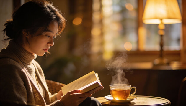 冬の夜に暖かい部屋で湯気の立つお茶を飲みながら読書をしてくつろぐ若い女性