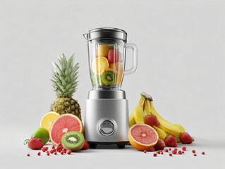 Healthy Smoothie Blender with Fresh Fruit pineapple bananas strawberries and kiwi on light grey background.