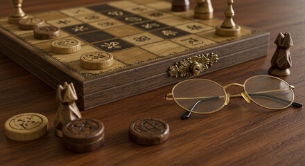 Chessboard and checkers set with glasses on a wooden table