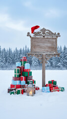 Holiday Christmas background with Santa Claus and a gift boxes and wooden sign. Christmas / Holiday Celebration / Winter Season