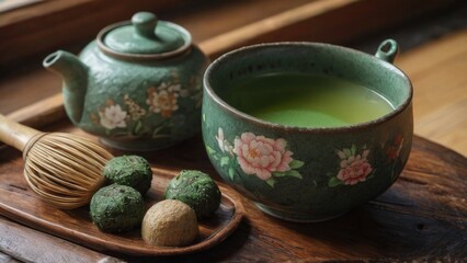Japanese Tea Set on Wooden Tray with Teapot, Bowls, Green Tea, and Bamboo Whisk in Warm, Inviting Mood