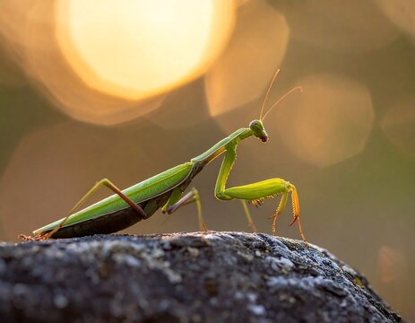 A close-up shot of a praying mantis perched atop a rock