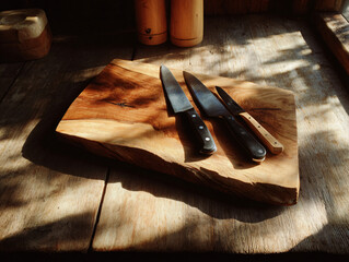 Rustic Kitchen Still Life Wooden Cutting Board Knives Sunny Warm Mood