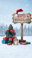 Holiday Christmas background with Santa Claus and a gift boxes and wooden sign. Christmas / Holiday Celebration / Winter Season