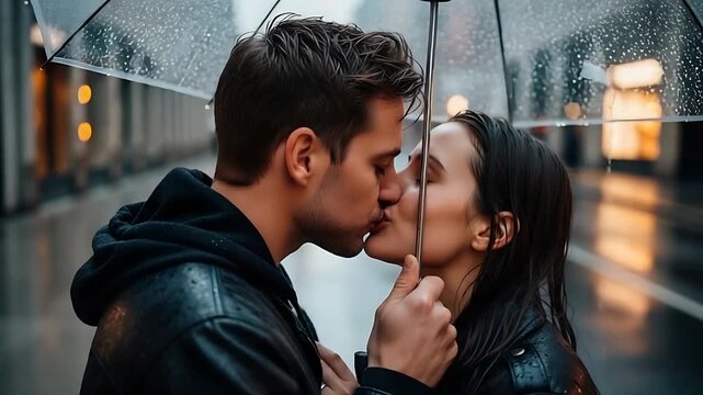 romantic couple kissing under umbrella on rainy city street
