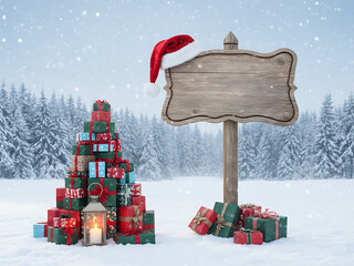Holiday Christmas background with Santa Claus and a gift boxes and wooden sign. Christmas / Holiday Celebration / Winter Season