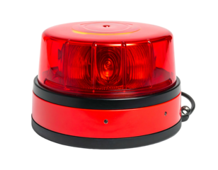 A close-up view of a red emergency light with a rotating bulb, encased in a durable black and red housing
