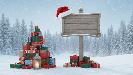 Holiday Christmas background with Santa Claus and a gift boxes and wooden sign. Christmas / Holiday Celebration / Winter Season