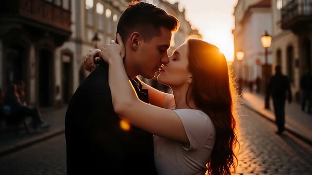 romantic sunset kiss on cobblestone street with warm urban glow, couple embrace