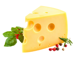 A close-up view presents a triangular portion of Swiss-style dairy. It's adorned with herbs, red berries, peppercorns, and sprigs