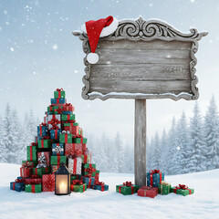 Holiday Christmas background with Santa Claus and a gift boxes and wooden sign. Christmas / Holiday Celebration / Winter Season