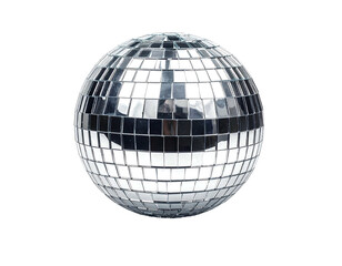 A close-up view of a reflective sphere composed of numerous small, square mirrored tiles, typically used in entertainment venues