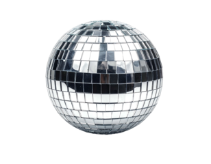 A close-up view of a reflective sphere composed of numerous small, square mirrored tiles, typically used in entertainment venues