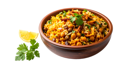 A colorful, spiced rice dish with chickpeas in a rustic bowl, lemon, and cilantro