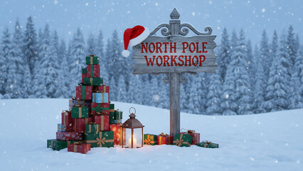 Holiday Christmas background with Santa Claus and a gift boxes and wooden sign. Christmas / Holiday Celebration / Winter Season