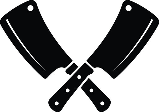 Crossed butcher cleavers silhouette icon for meat industry and culinary concepts isolated on white background