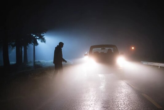 Eerie encounter on a foggy highway at night with lone pedestrian and approaching vehicle, creating