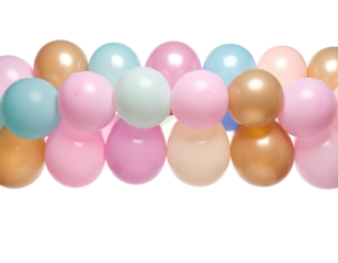 A close-up view presents a vibrant cluster of pastel balloons arranged in rows. They exhibit various colors like pink, blue, gold, and peach