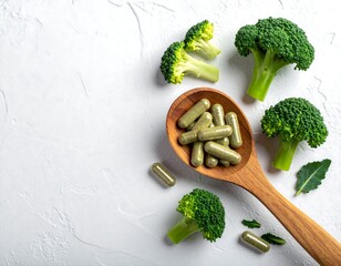 Broccoli florets with green supplement capsules on a wooden spoon