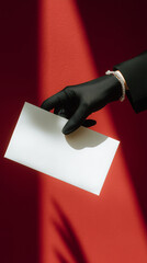 Woman's hand wearing a black glove holding a white card against a red background, illuminated by light casting a shadow, isolated with copy space, vertical 9:16 composition