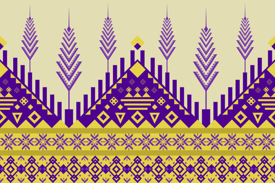 Geometric ethnic seamless pattern traditional purple  and yellow on light yellow background.Design for
background,carpet,wallpaper.clothing,wrapping,Batik fabric,Vector illustration.