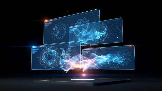 A blue screen loop with an alpha channel displays a digital world map on a laptop monitor to represent global communication and network technology across the planet earth - Powered by Adobe