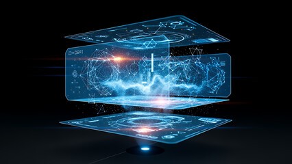 Global business network concept featuring a laptop with a blue background and a digital world map on the screen representing communication and technology