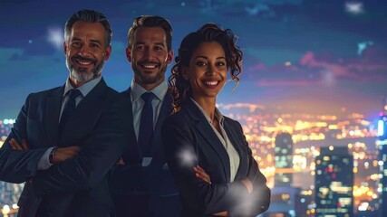 Confident Business Team Smiling Over City Skyline at Night