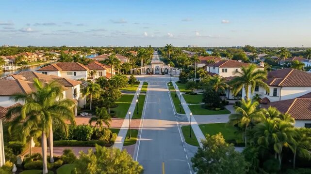 Luxury Miami gated community street aerial view, upscale suburban landscaping.