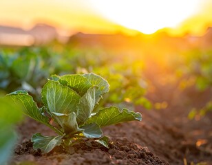 Cabbage plant in a field at sunset, bathed in golden sunlight