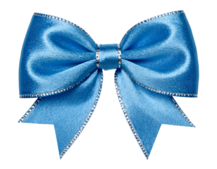 A close-up of a vibrant, glossy sky-blue bow, edged with silver. It's on a black background