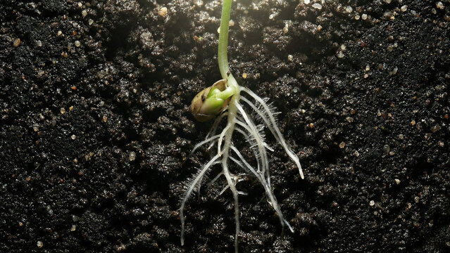 Macro cross-section of fertile soil with sprouting green seed roots
