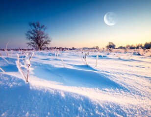 A snowy field at dawn, a leafless tree stands, and the moon shines brightly in the sky