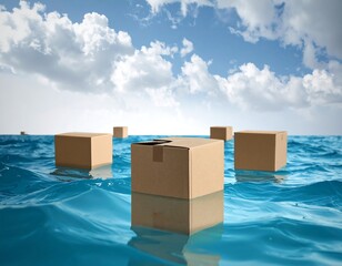 Cardboard boxes afloat in an expansive blue sea beneath a cloudy sky