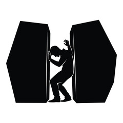 Man squeezed between two giant black blocks in distress