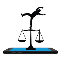 Dynamic silhouette of person balancing on scales of justice above smartphone