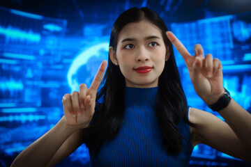 Futuristic woman interacting with virtual holographic interface, touching transparent digital screens in blue cyber environment, data controly, immersive human computer interaction.