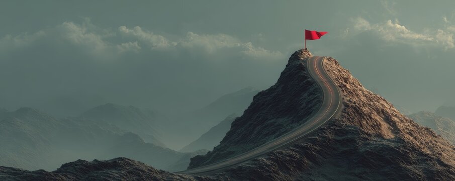 Mountain peak with red flag under dramatic cloudy sky and stone pathway leading up, evoking determination and achievement in misty atmosphere