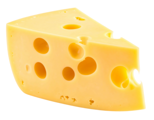 A close-up view presents a wedge-shaped, yellow dairy product with numerous spherical holes, a staple in sandwiches and cheese platters
