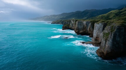Obraz premium Stunning coastal cliffs meet vibrant turquoise waves under a dramatic sky