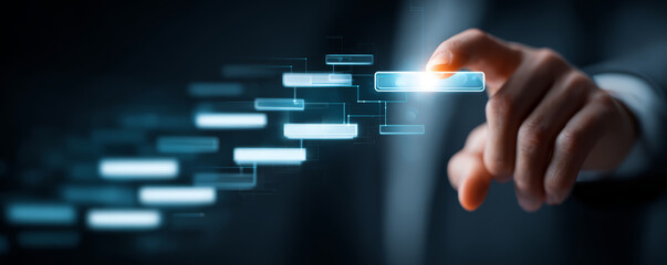 Digital business interface with glowing buttons and hand pointing, futuristic technology concept with blue light