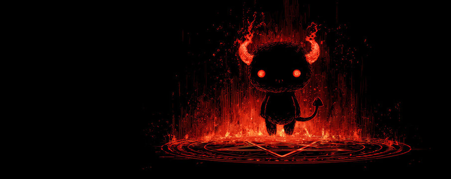 Cute little devil character with glowing red eyes and fiery horns standing on burning magical circle, dark background
