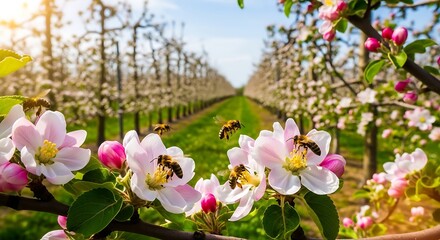 Bees Pollinating Apple Blossoms in Orchard.
