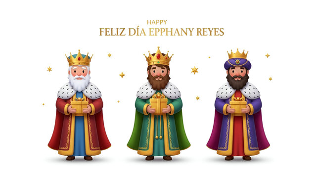 Epiphany Three Kings Day illustration showing magi holding gifts with feliz happy epiphany day text for christian faith celebration greeting design branding and commercial creative use