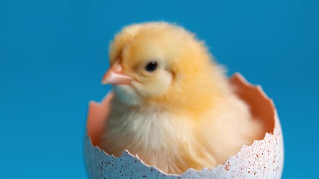 A fluffy yellow chick emerges from a cracked eggshell against a vivid blue backdrop, bright hopeful