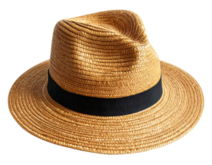 A close-up view presents a woven, straw-like head covering with a dark band around its crown. Its brim extends outward