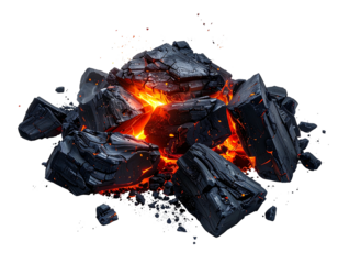 A close-up view of glowing embers within a pile of charcoal against a transparent background. The embers emit sparks