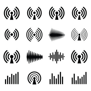 Set of wireless signal icons and sound wave symbols in black on a white background representing various communication and audio concepts