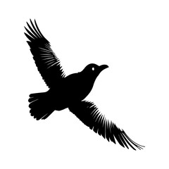 Obraz premium Silhouette of a bird mid-flight, wings fully extended, facing right against isolated white background, symbolizing liberty, journey and aerial freedom
