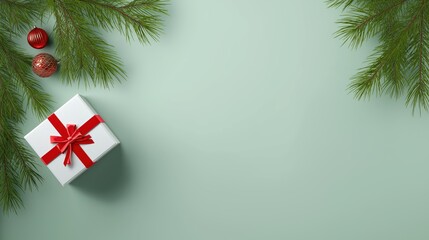 Christmas Gift with Pine Branches and Wide Left Copy Space on Green Background